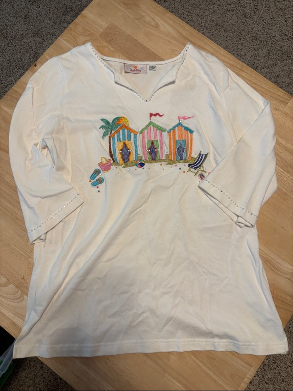 Quacker Factory White Long-Sleeve Tee with Colorful Beach Hut Embroidery